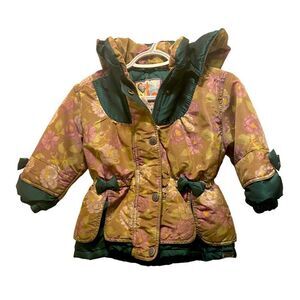 Kute Kiddie Vintage Green Purple Floral Hooded Bow Detail Winter Coat 4T